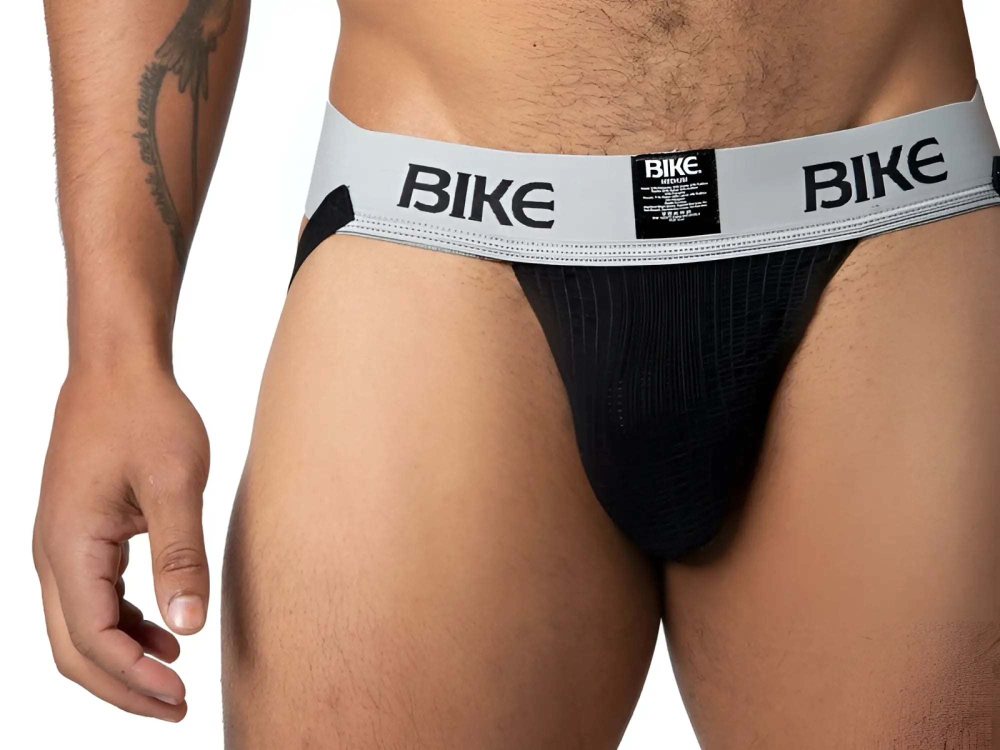 Black bike classic jockstrap briefs with a gray waistband featuring bold black lettering and a small rectangular label