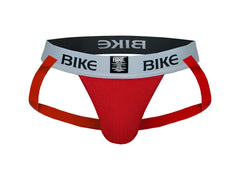 Red bike brand athletic briefs with gray and black waistband featuring bold bike logo in the bike classic jockstrap design