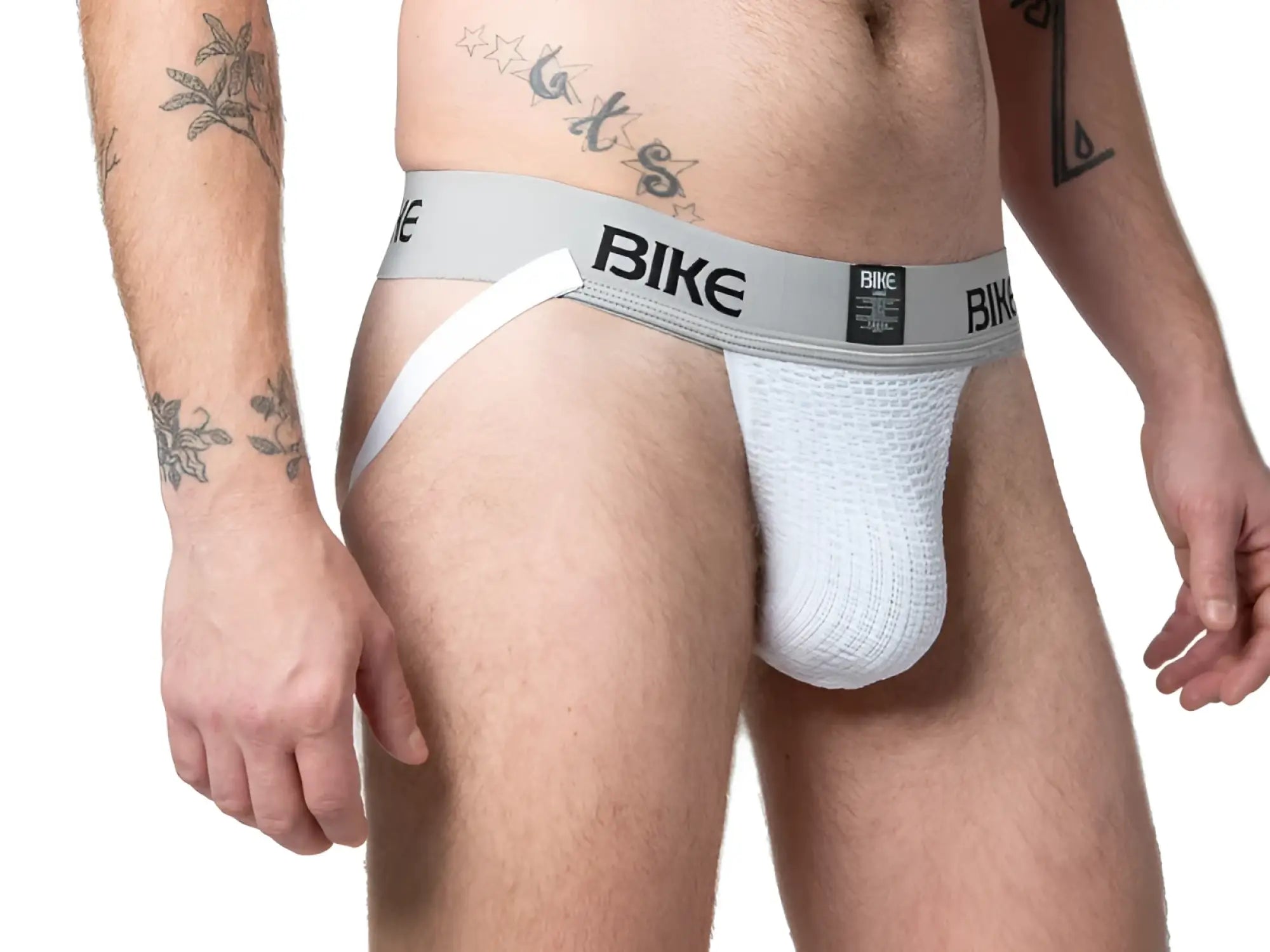 White mesh bike brief with gray bike branded waistband in the BIKE Classic jockstrap product line