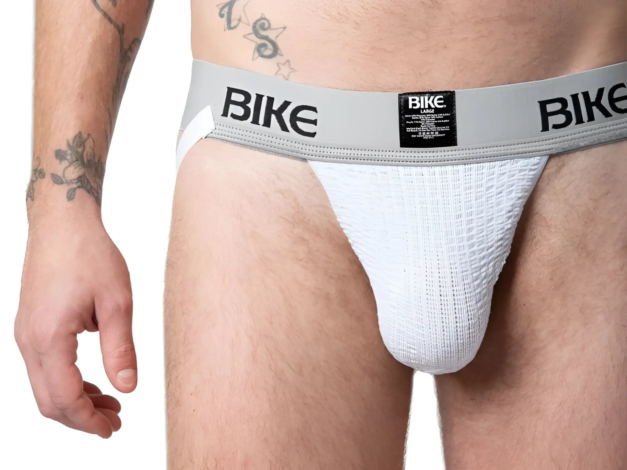 White textured athletic brief with gray waistband and black bike branding in the bike classic jockstrap design