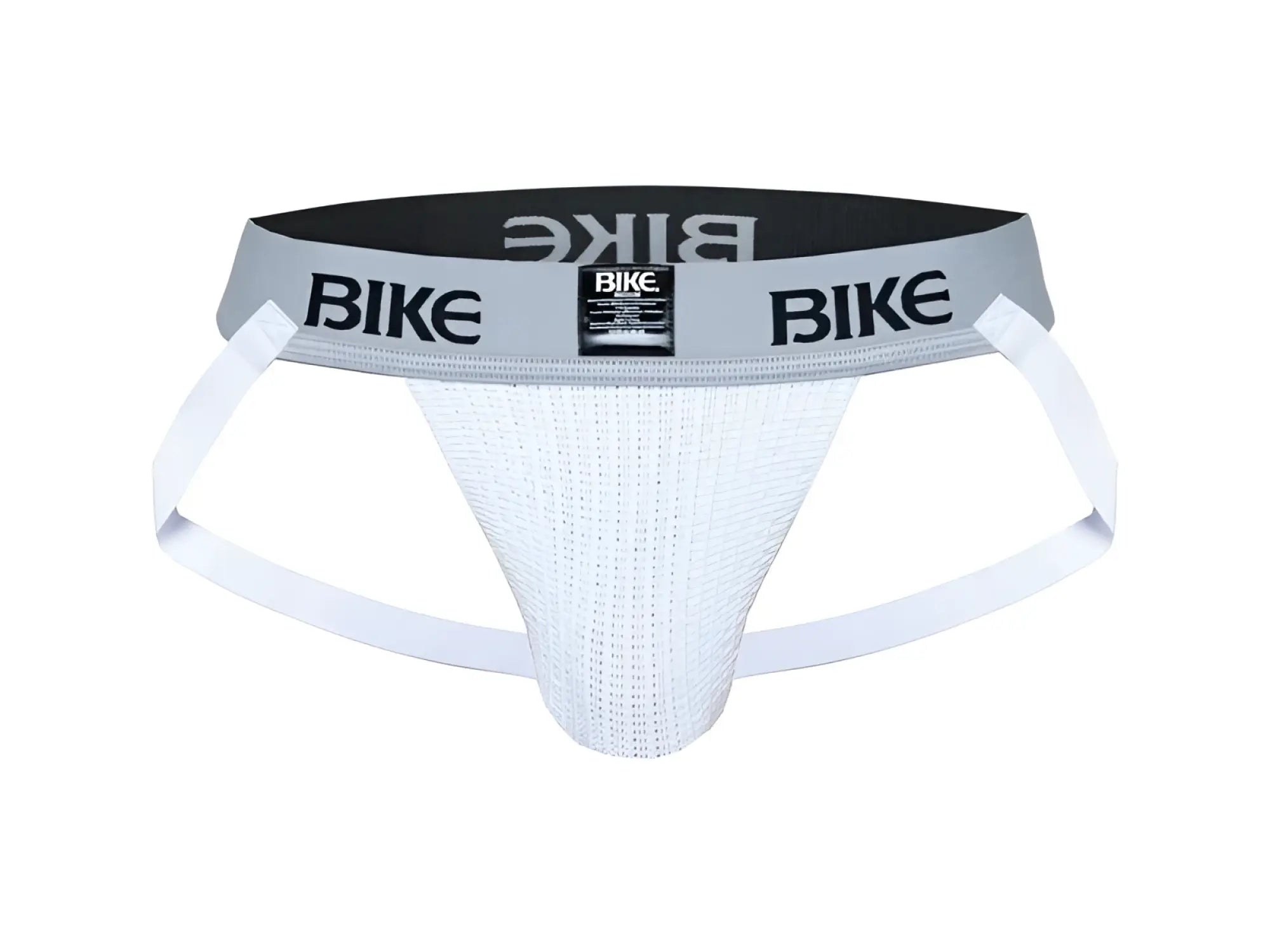 White textured bike brief with gray waistband and black bike branding in bike classic jockstrap product