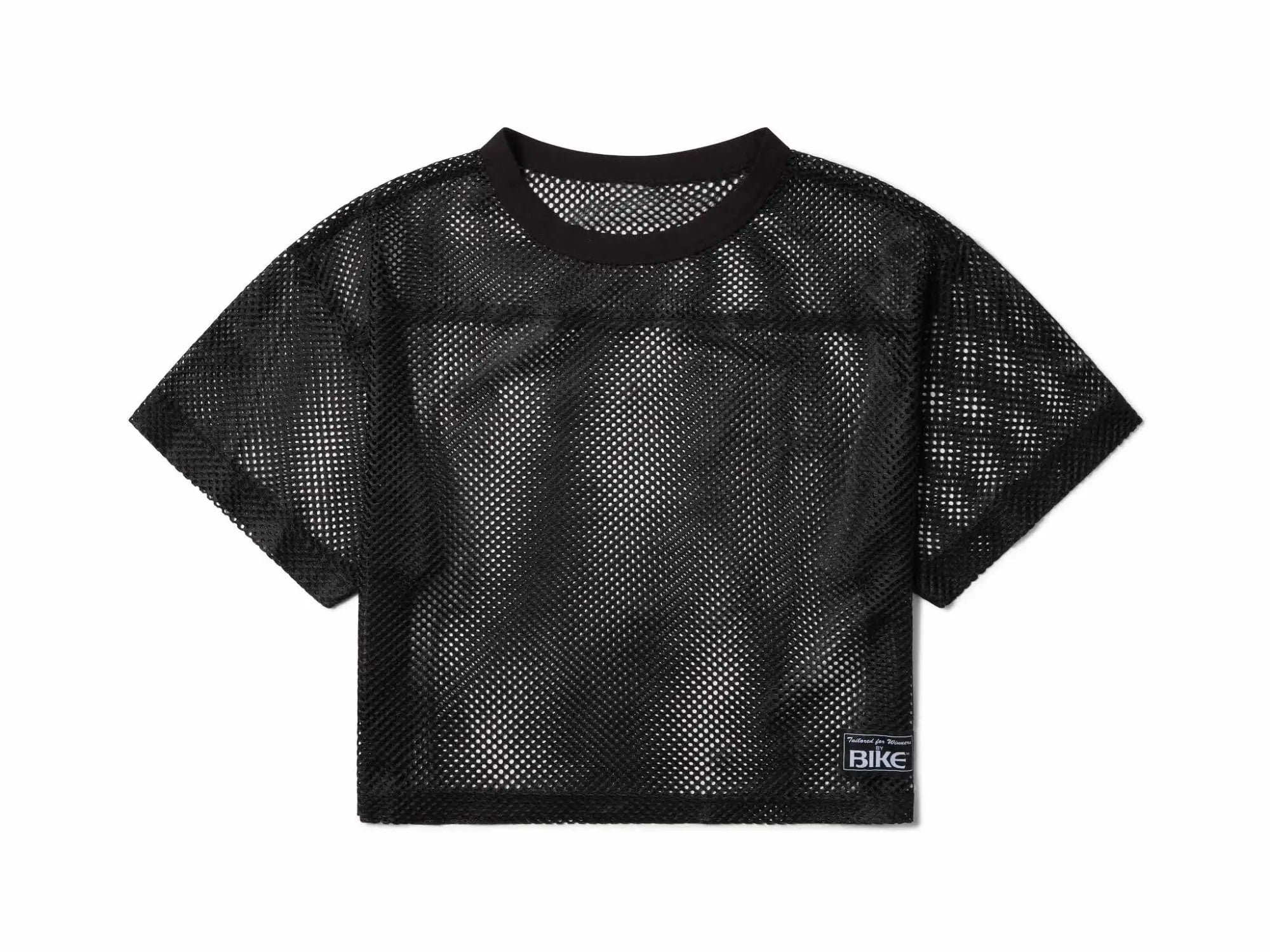 Black mesh crop top with round neckline short sleeves and small rectangular label on lower right side bike practice jersey