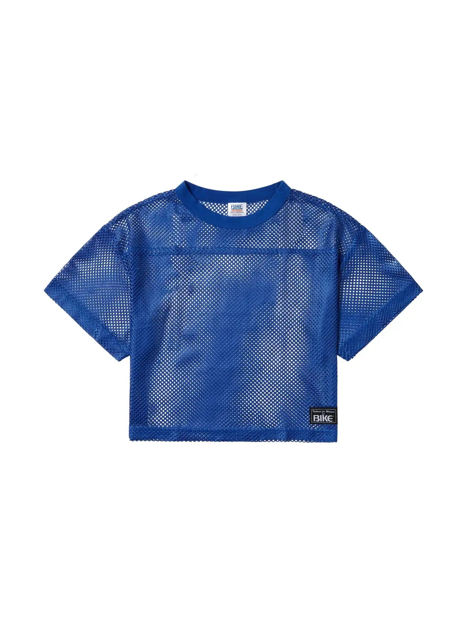 Blue mesh crop top with short sleeves and crew neck featuring black brand labels from BIKE practice jersey