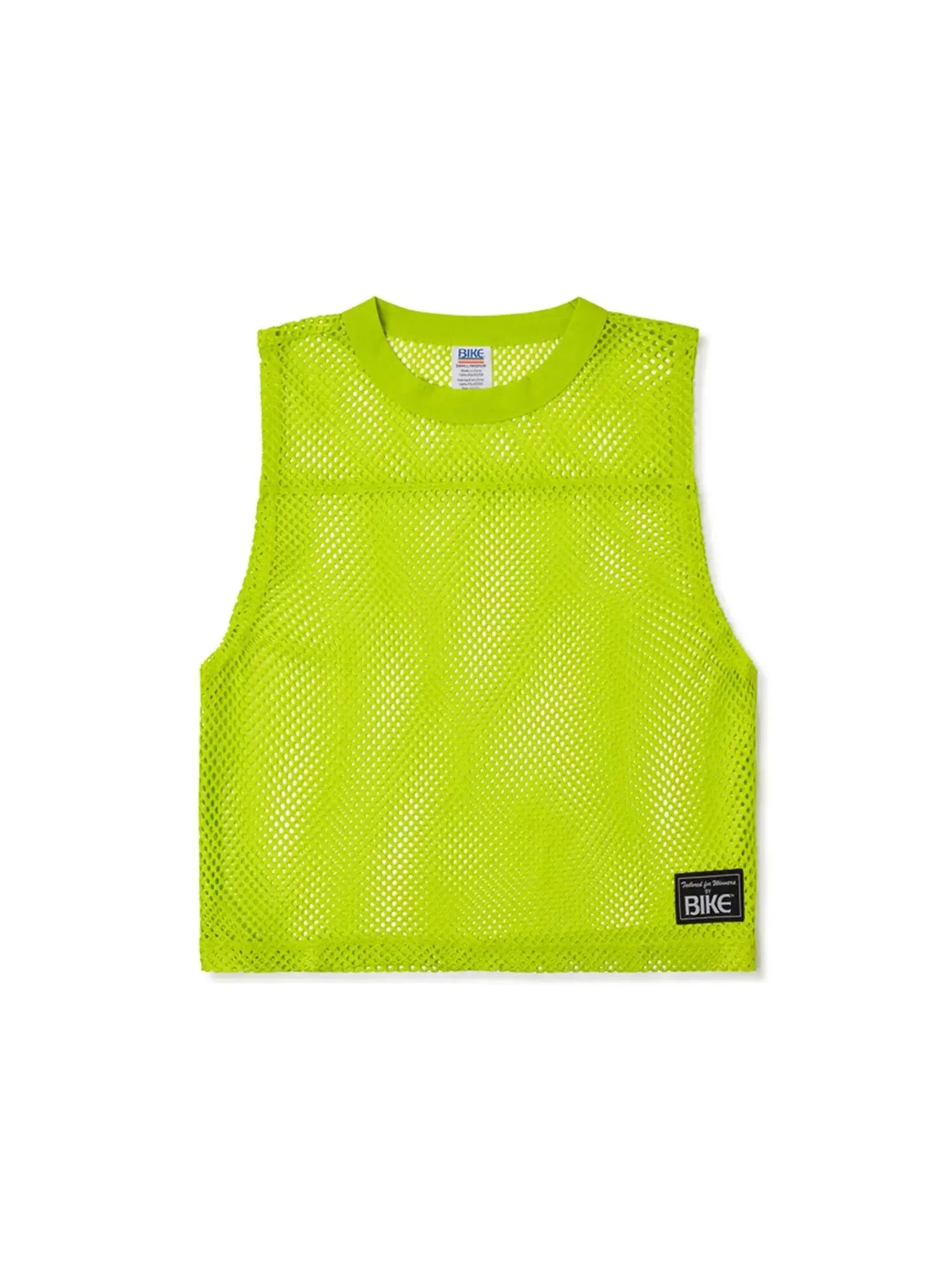 Bright neon green mesh bike sleeveless practice jersey with a black bike patch on the lower right side
