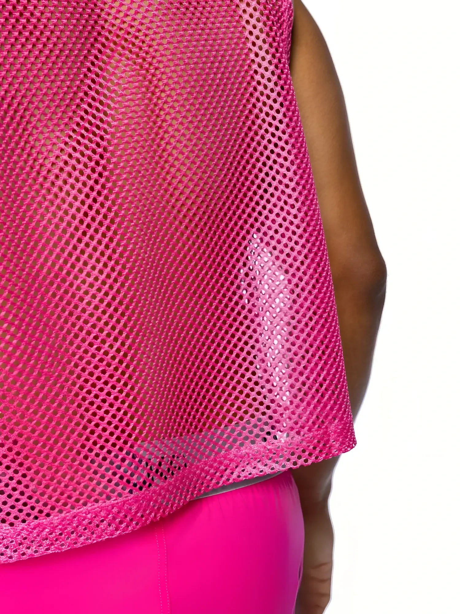 A vibrant pink bike sleeveless practice jersey with sheer breathable mesh fabric and a slightly flared hem