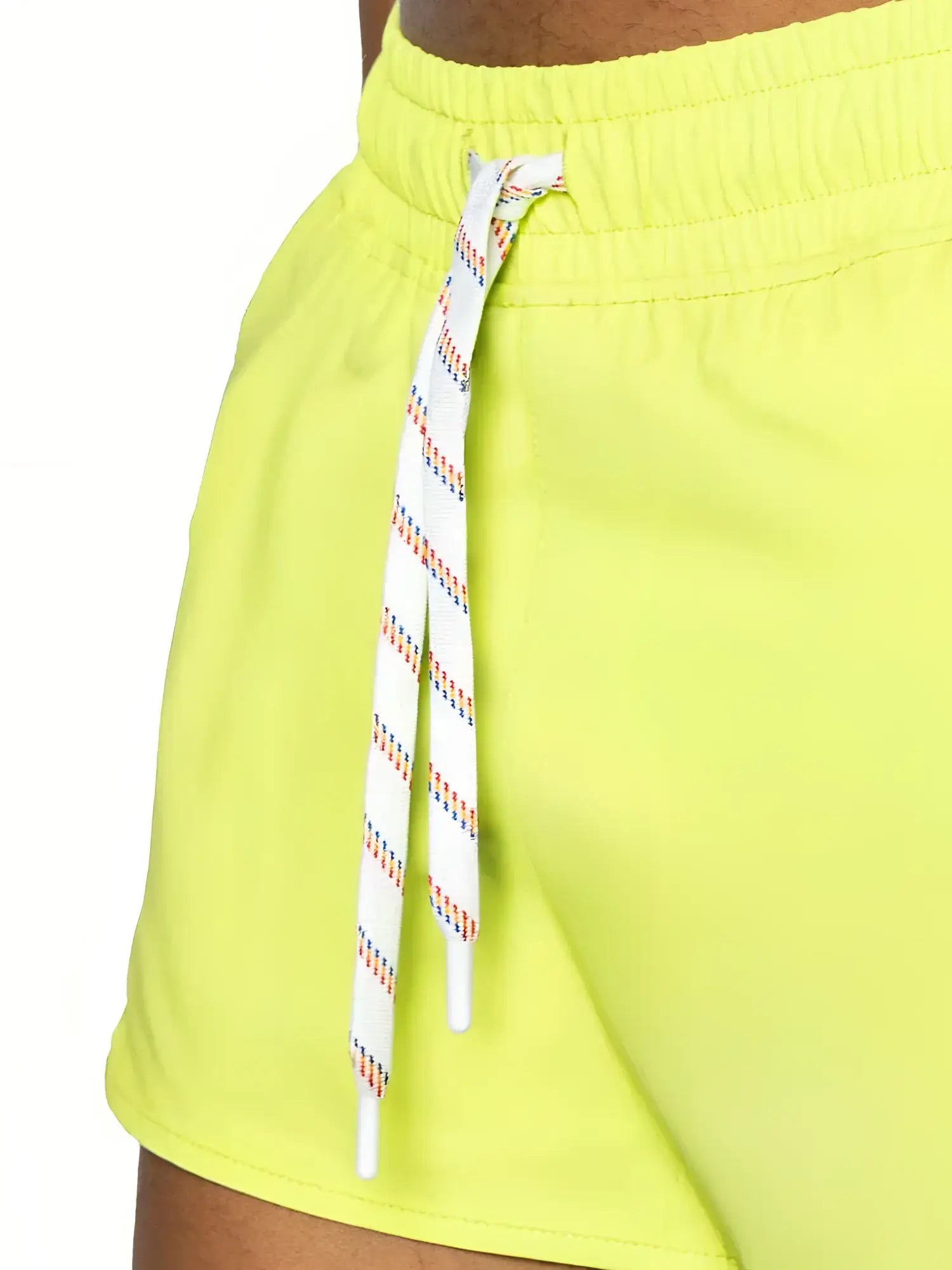 Bright neon yellow bike track short with white drawstring and colorful diagonal stripes for athletic use