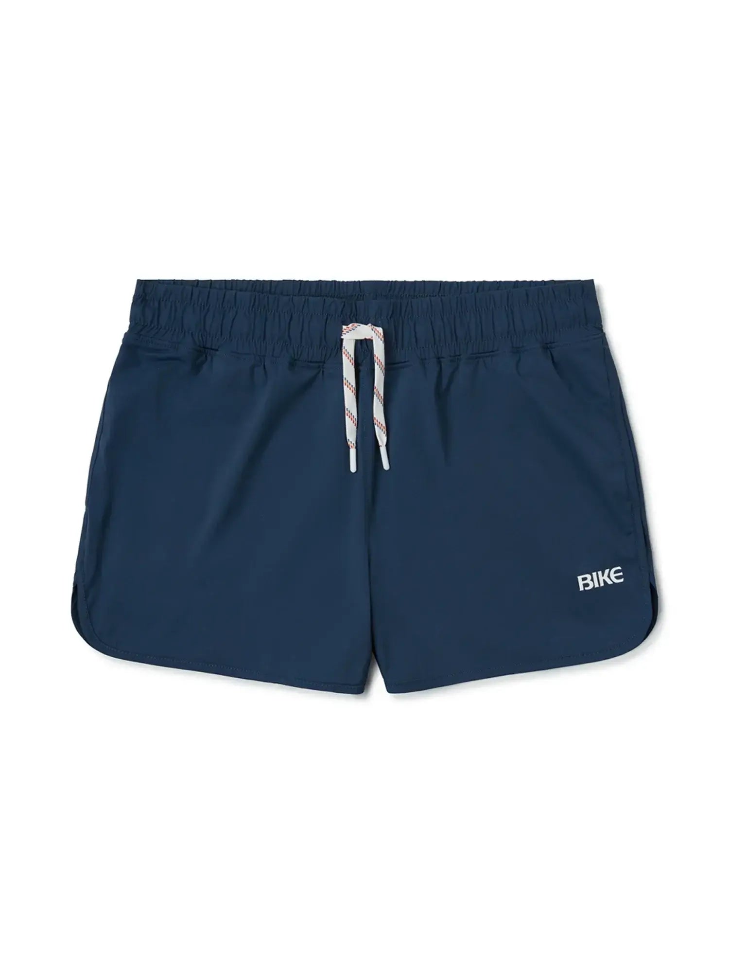 Navy blue bike track short with white drawstring and bike logo on the side designed for athletic use