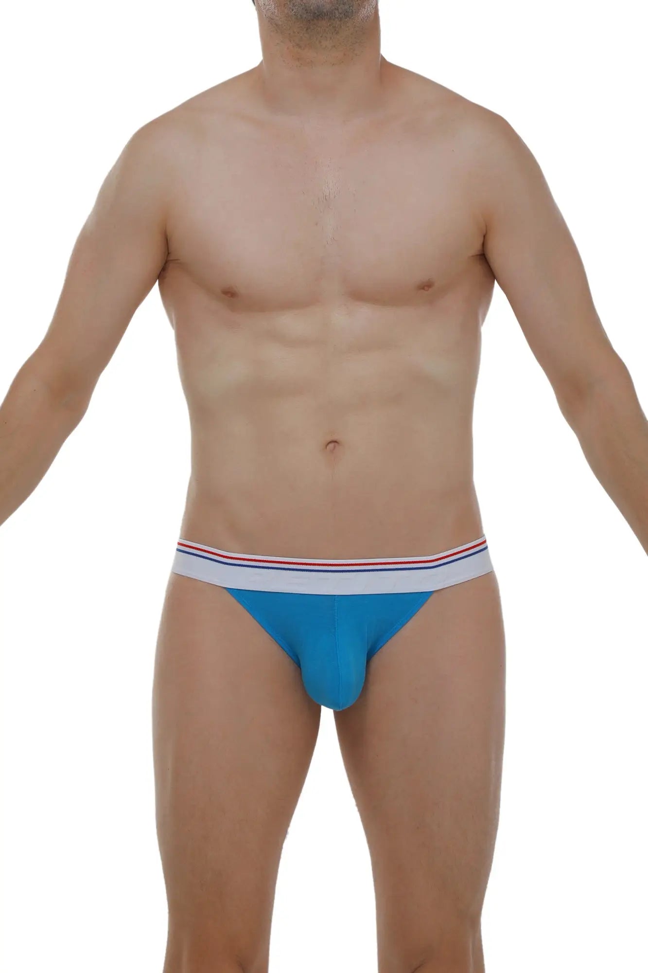 Blue bikini aizy modal azur athletic briefs with white waistband accented by thin red and blue stripes