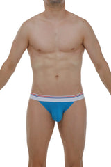Blue bikini aizy modal azur athletic briefs with white waistband accented by thin red and blue stripes