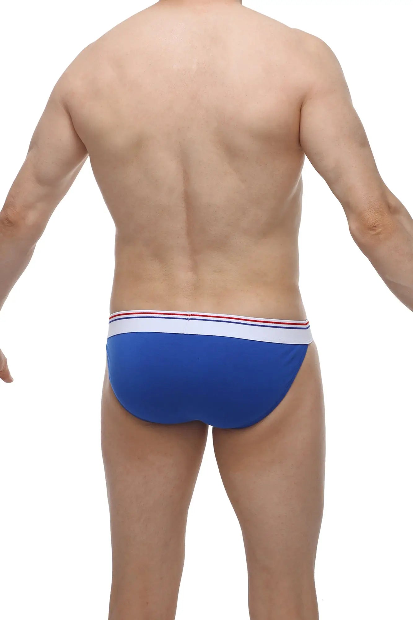 Blue bikini aizy modal men’s briefs with a white waistband featuring thin red and blue stripes