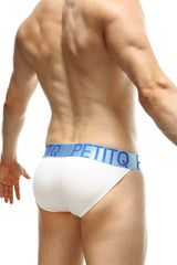 White petitq briefs with light blue bamboo elastic waistband featuring bold brand name bikini auty bamboo white