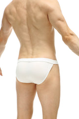 White form-fitting seamless briefs made from organic bamboo shown from the back in the tanga sillas organic bamboo white line