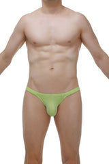 A lime green form-fitting thong made of smooth stretchy fabric shown from the back in the bikini bessas bamboo apple green collection