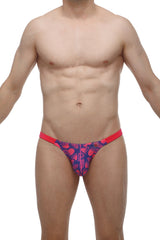 PetitQ bikini Bessas tropical hearts men’s briefs with navy fabric pink leaf print and bold red waistband