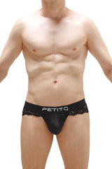 Black lace-trimmed bikini blécourt briefs with sleek satin-like finish and petite fit