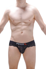 Black lace-trimmed men’s bikini briefs in black with petitq logo waistband and elegant lace detail