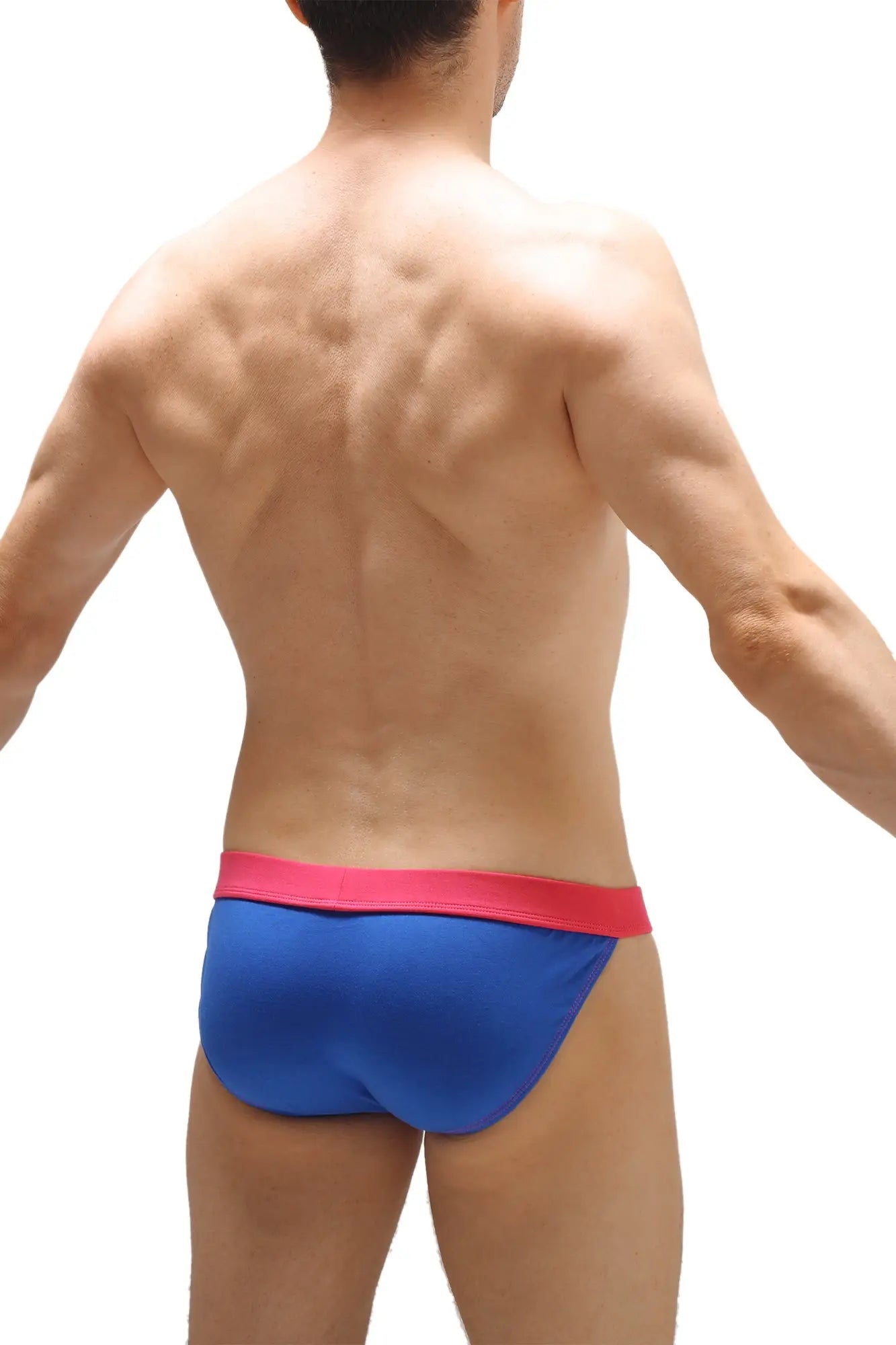 Blue swim trunks with bright pink waistband featuring padding for comfortable beach or pool use