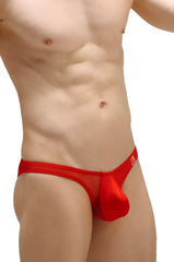 Bikini brach red red mesh briefs with solid red pouch and small logo on the waistband