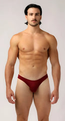 A sleek deep red as bikini brief thong made of smooth fabric