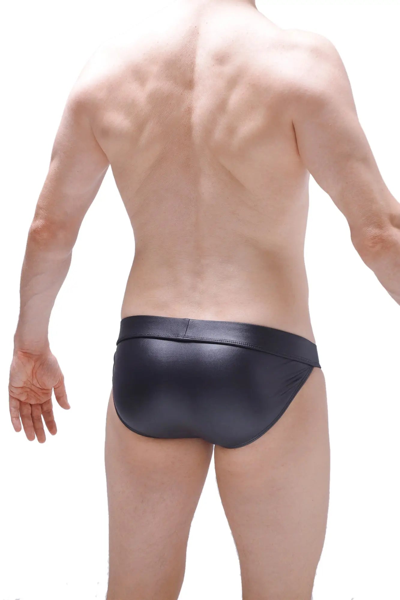 Black shiny faux leather bikini cabaret petitq briefs showcasing front product design