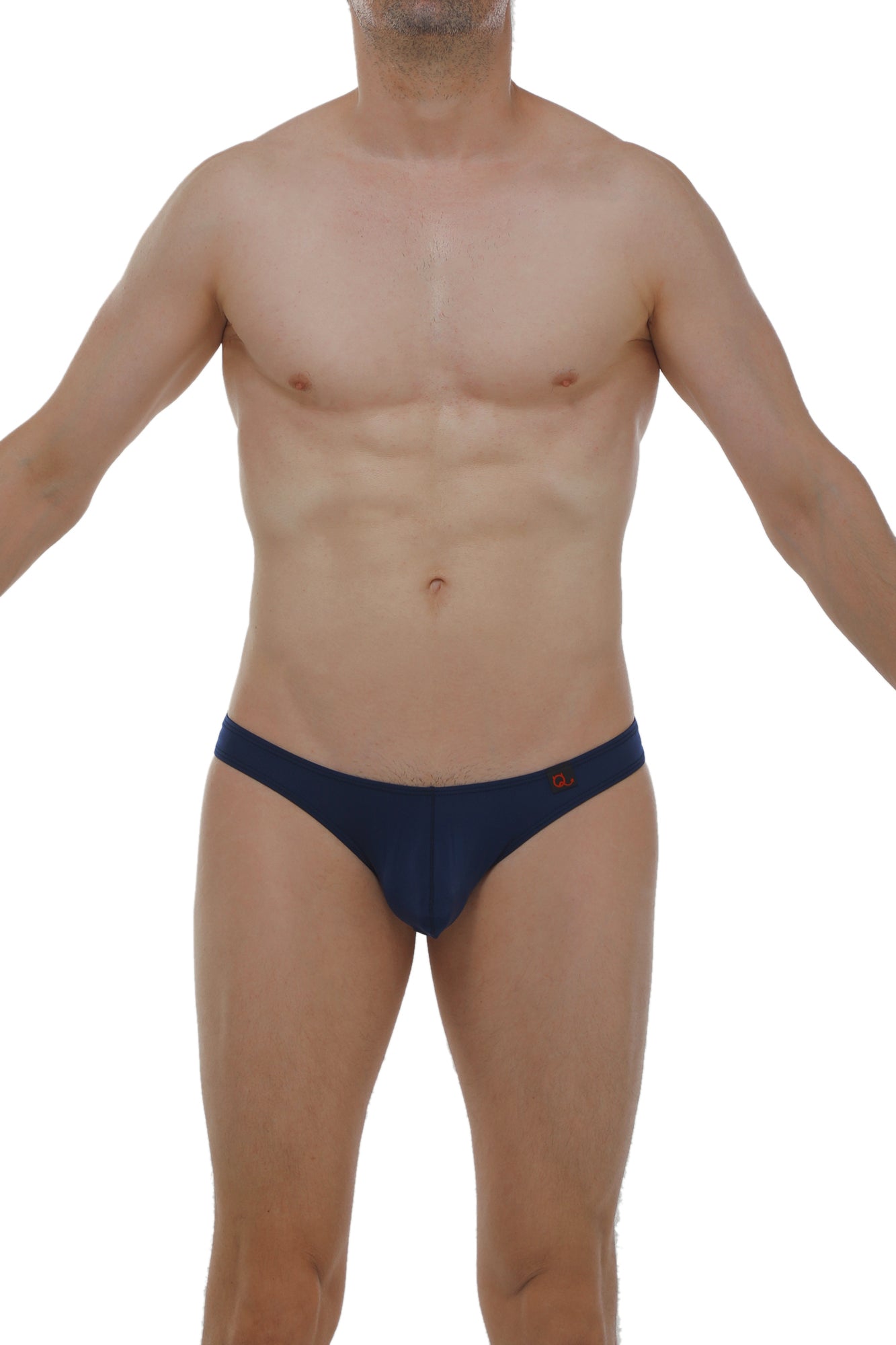 Navy blue petitq bikini capri briefs with a small red logo on the waistband in plum navy color