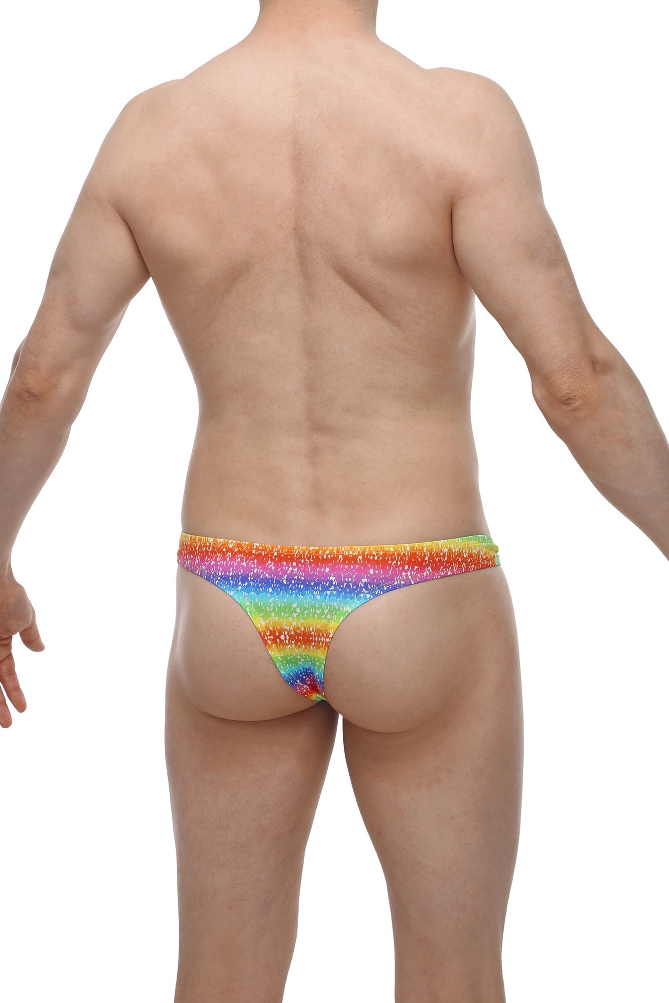 Rainbow glitter thong from petitq bikini capri with vibrant horizontal stripes featuring all colors of the spectrum