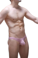 Bikini capri skine tea rose pink satin briefs with smooth glossy finish and subtle red logo on waistband