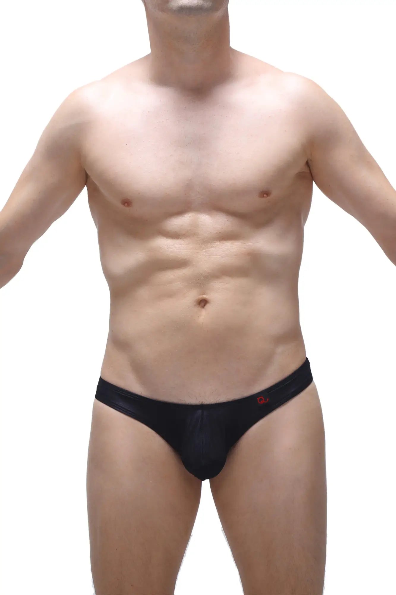 Black men’s bikini capri voile briefs with subtle sheen and small red logo on waistband