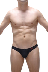 Black men’s bikini capri voile briefs with subtle sheen and small red logo on waistband
