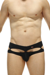 Black form-fitting bikini carlat underwear with distinctive cutout design and small logo on waistband