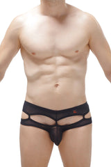 Black mesh bikini carlat net briefs with cutout design and orange logo on waistband