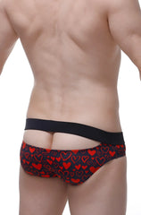 Bikini céron king of hearts men’s briefs in black and red heart pattern with solid black waistband