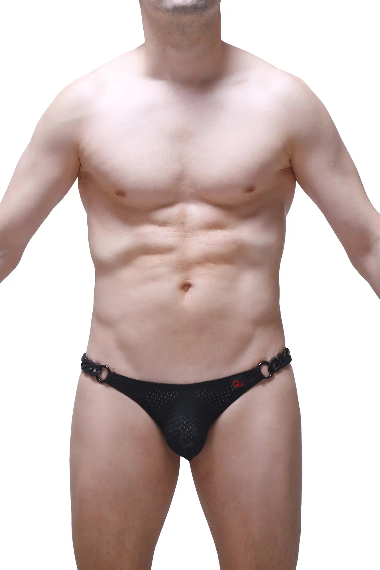 Black mesh bikini briefs with chain detailing at the waistband from the bikini chains bee black collection