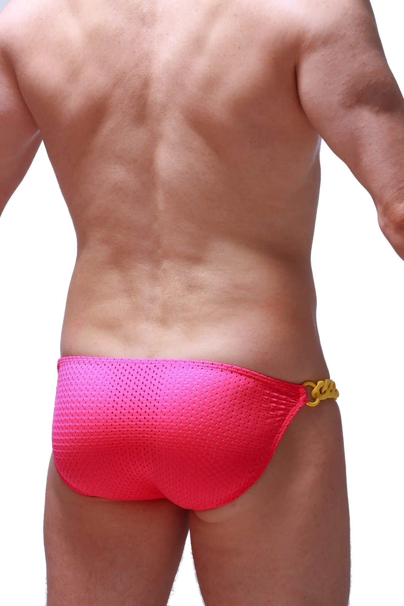 Bright pink mesh swim trunks bikini chains bee pink with gold chain accent at the waistband