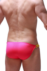 Bright pink mesh swim trunks bikini chains bee pink with gold chain accent at the waistband