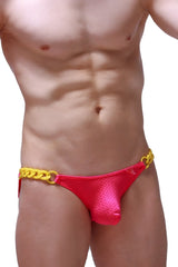 Vibrant red mesh swim trunks with bold yellow chain belt featured in bikini chains bee pink collection