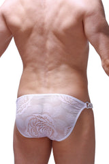 White lace bikini briefs with intricate floral patterns and sheer mesh design in coudray white color