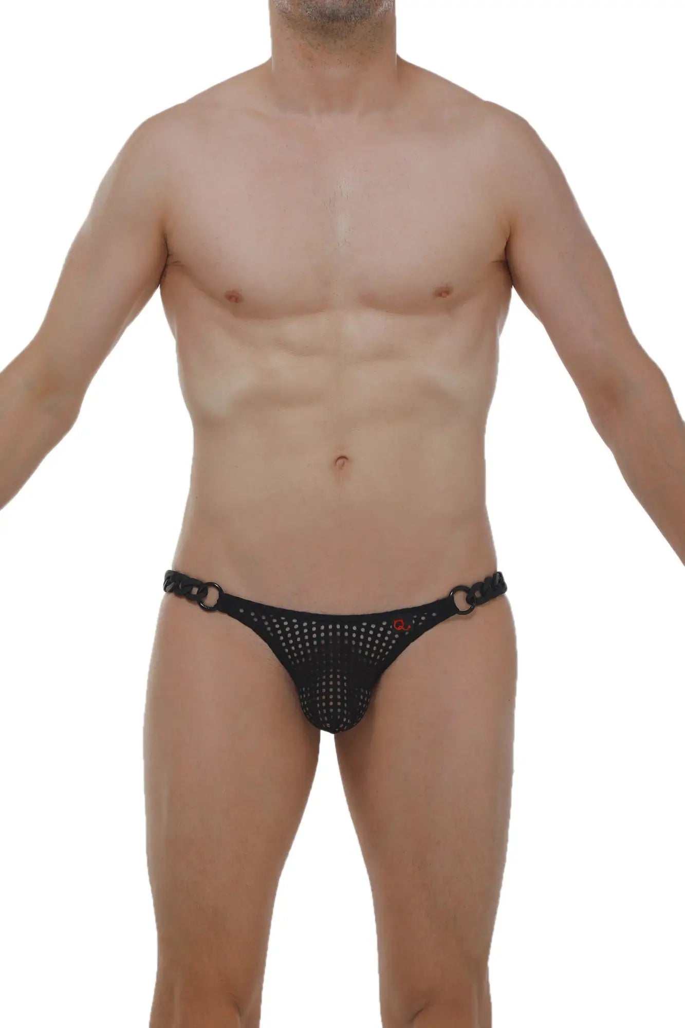 Black mesh briefs bikini chains durtol black with perforated design and metallic rings at the waistband