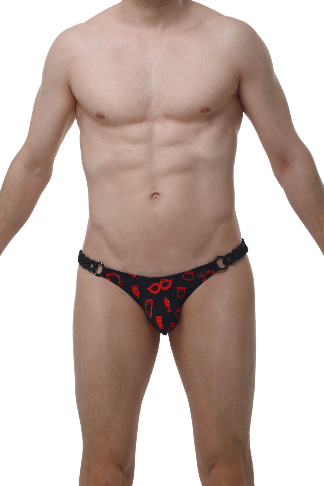 Black thong from PetitQ bikini chains boudoir with red cocktail and mask patterns for stylish lingerie look