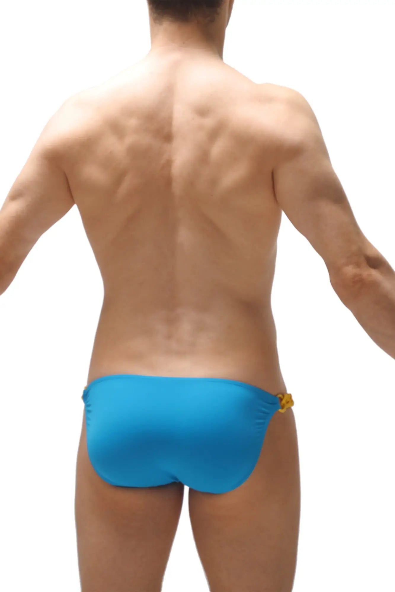 Bright blue swim trunks with yellow decorative clasp on the side from bikini chains turquoise collection