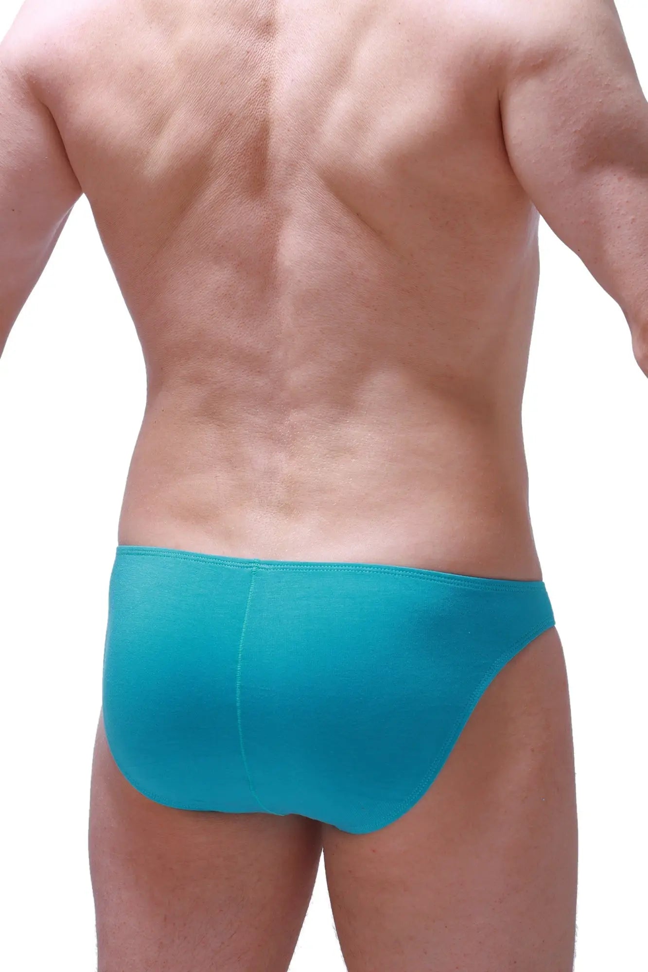 Turquoise-colored form-fitting bikini briefs made of smooth stretch fabric in tropical green chill style