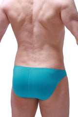 Turquoise-colored form-fitting bikini briefs made of smooth stretch fabric in tropical green chill style
