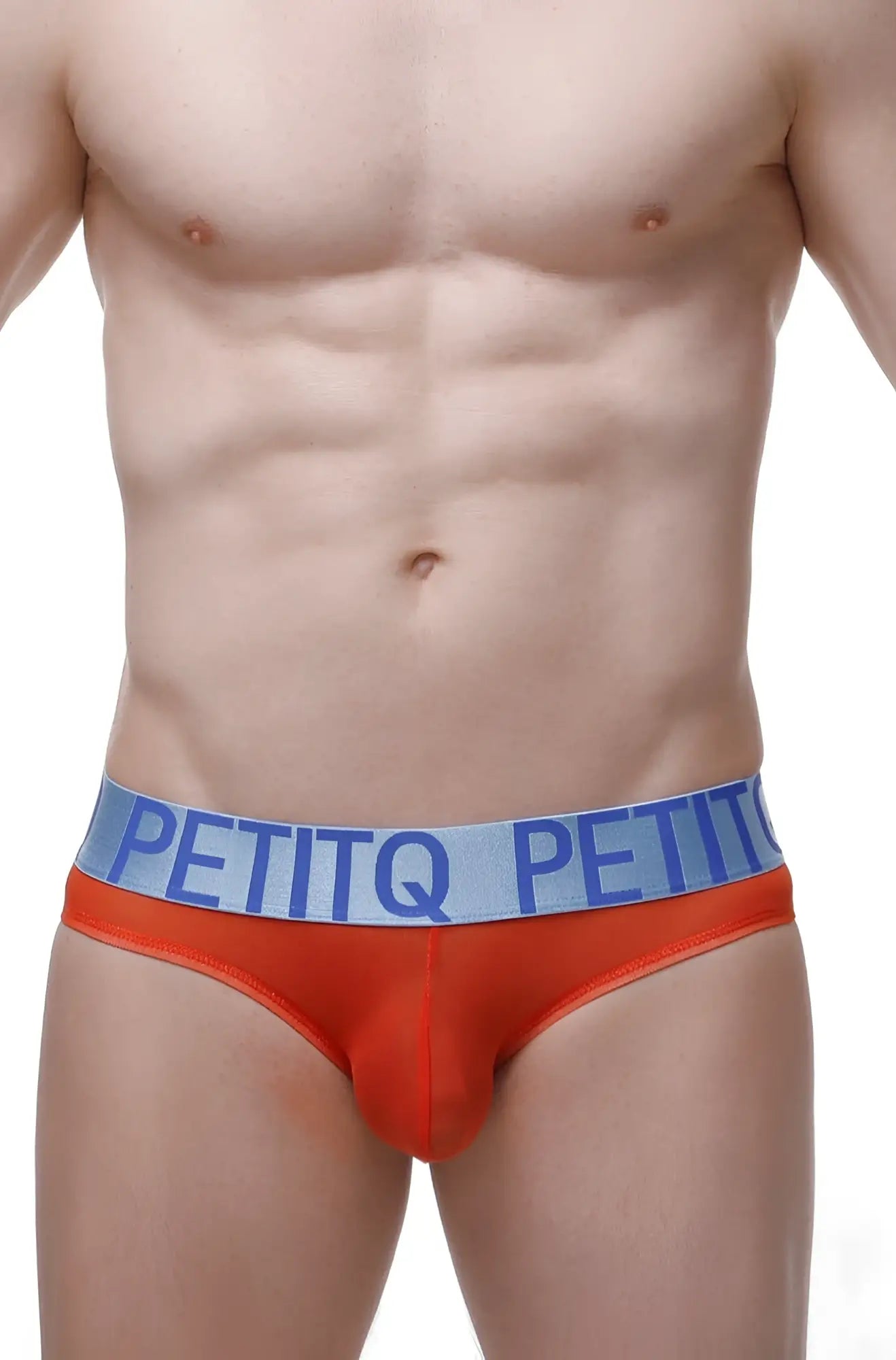 Bright orange petitq men’s briefs bikini chisa net red with blue waistband and bold white brand name for everyday wear