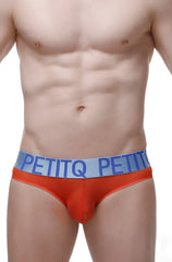 Bright orange petitq men’s briefs bikini chisa net red with blue waistband and bold white brand name for everyday wear