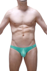 Teal transparent men’s bamboo briefs with a small red logo on the waistband from bikini colline bamboo green collection
