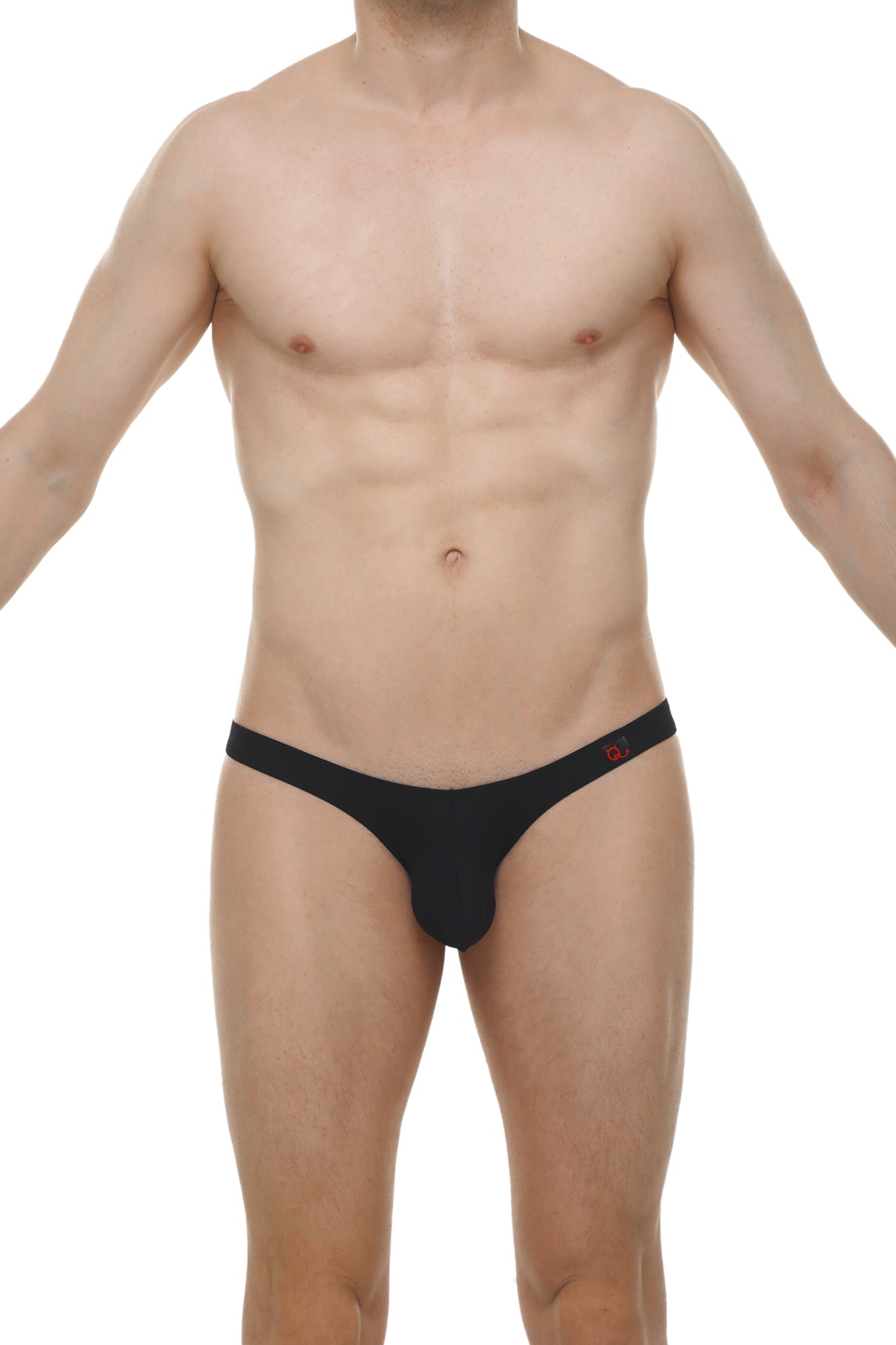 Black men’s thong bikini dome skine black with subtle red logo on waistband shown from the back side