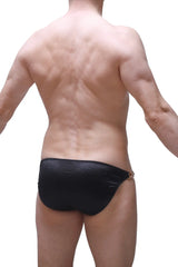 Black textured satin swim trunks with gold toned metal clasp on the side bikini conguel satin black product