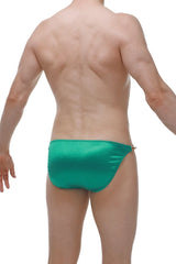 Emerald green satin bikini briefs with gold-toned side fastener in bikini conguel satin green design