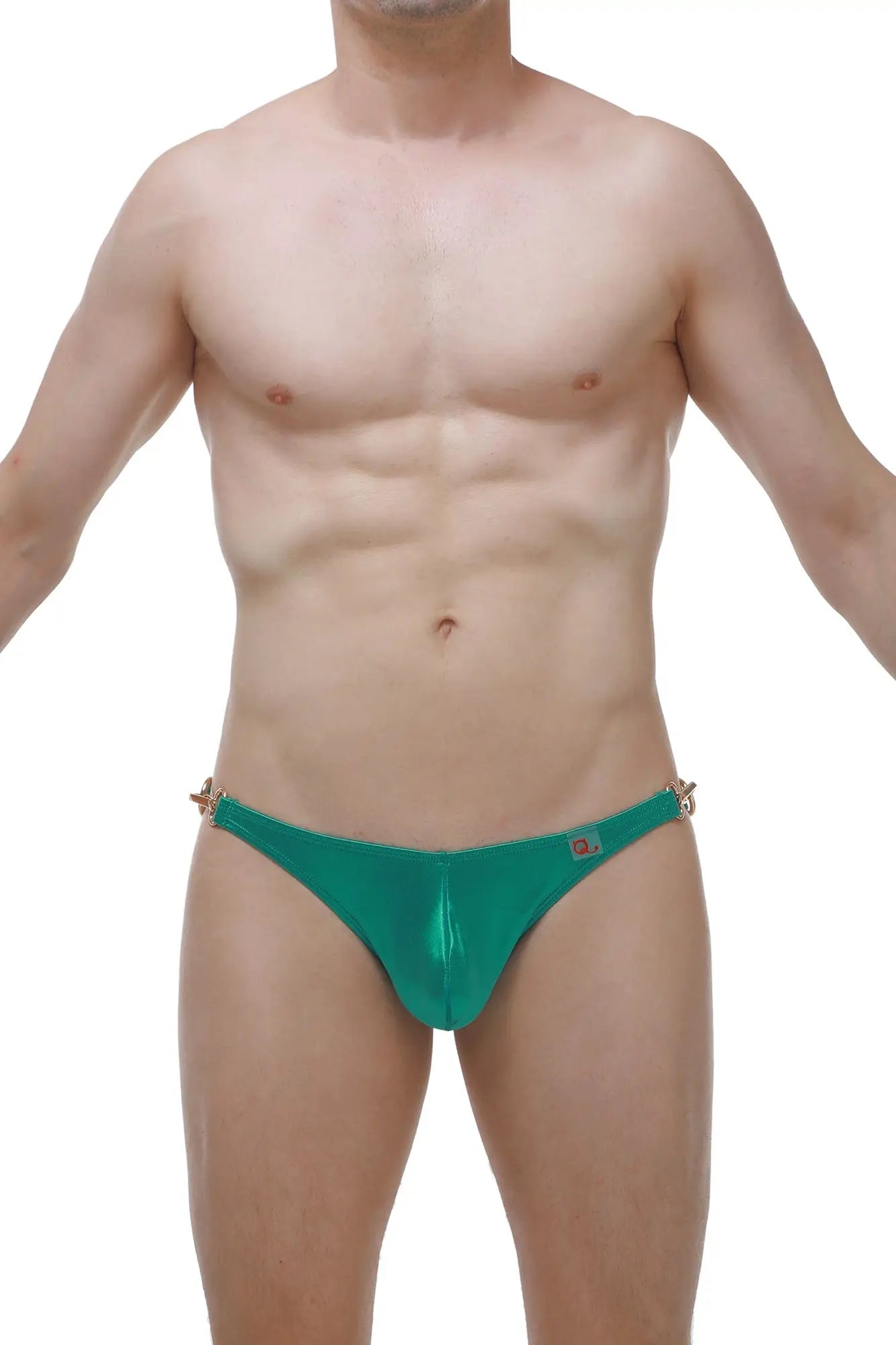 Emerald green metallic satin swim trunks with gold toned side clasps from bikini conguel satin green collection