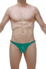 Emerald green metallic satin swim trunks with gold toned side clasps from bikini conguel satin green collection